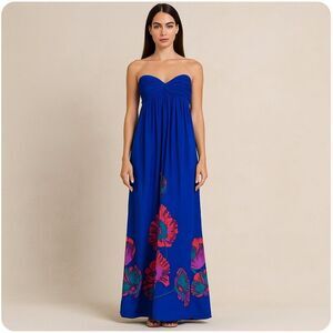 Aqua Y2K Strapless Blue Chiffon Maxi Floral Print Dress, 0